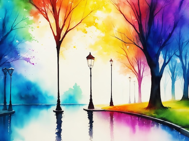 Street light in the lake park colorful background abstract painting on paper hd watercolor image