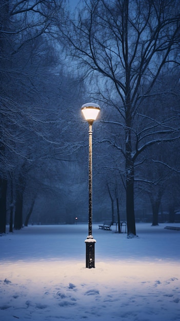 a street light in a snowy park at night