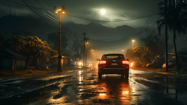 거리의 불빛과 거리에 있는 불빛과 함께 차를 운전하는
