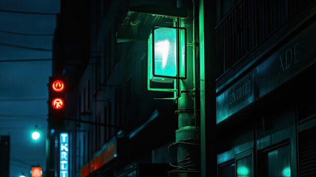 A street light with a green light on it