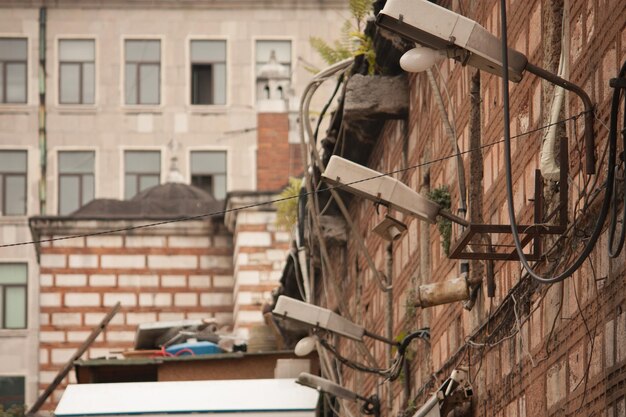 Street lights on the wall of a building