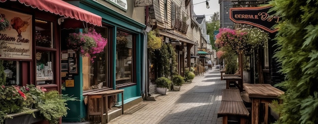 A street lined with quaint shops and cafes Horizontal banner AI generated