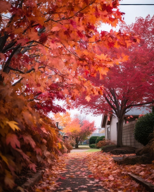 a street lined with red and orange leaves