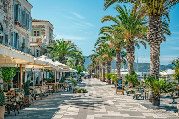 Street Lined With Tables and Chairs Next to Palm Trees