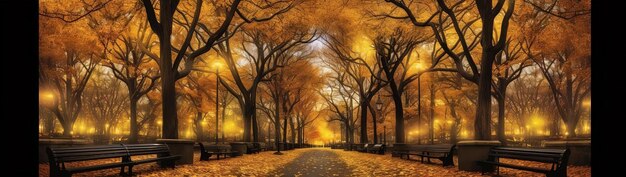 улица, выложенная деревьями в центральном парке, которые меняют цвета в стиле темно-желтого