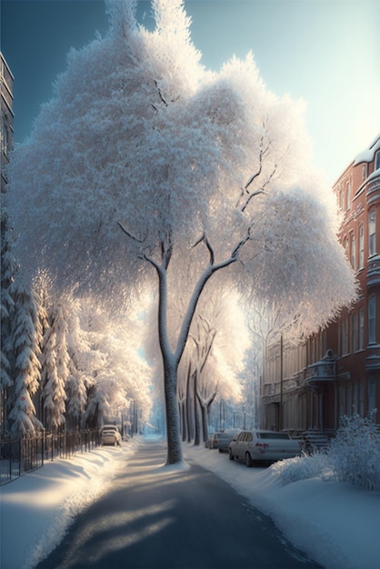 Street lined with trees covered in snow generative ai