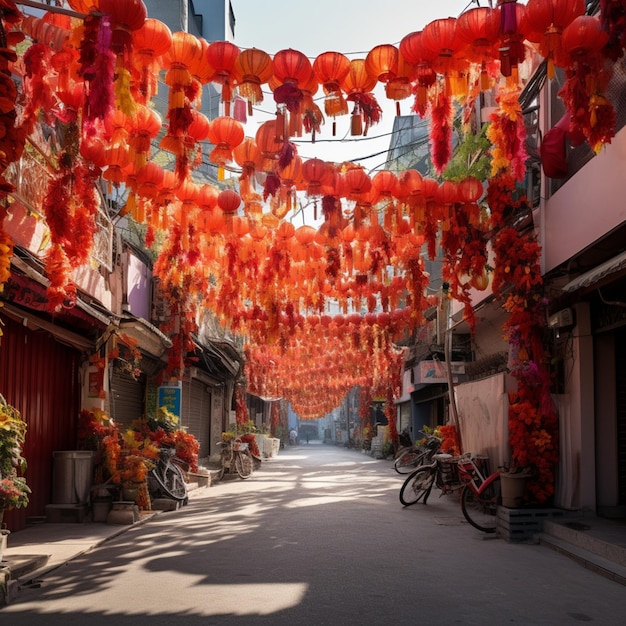 Улица освещена красными и оранжевыми подвешенными фонарями в стиле китайских новогодних праздников.