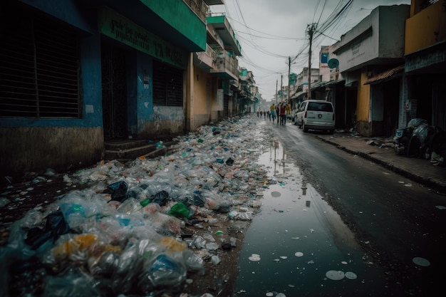 Street littered with plastic waste and overflowing garbage