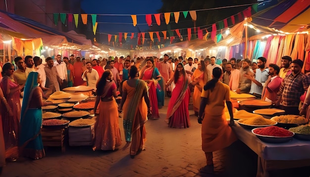 A street market during Navratri with people in traditional Garba attire