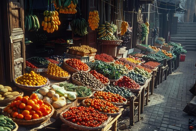 A street market with a large assortment of fresh fruits and vegetables