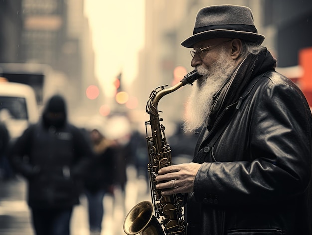 Фото Уличный музыкант играет на саксофоне для увлеченной аудитории