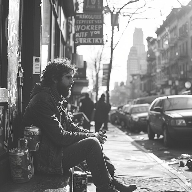 Street musician playing guitar in the city Black and white photo