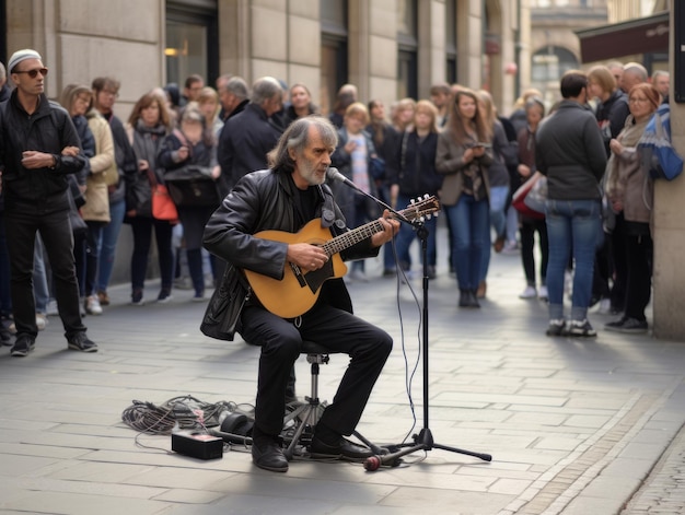 Foto un musicista di strada che suona il sassofono per un pubblico affascinato