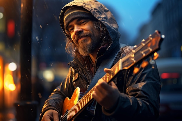 street musicians play on the outside in crosswalks in subway do either for fun or for money music creativity cute happy guitar old style vocals melody smiling