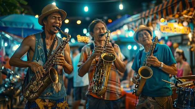 Foto musicisti di strada che suonano strumenti tradizionali in un mercato notturno tradizionale e culturale foto