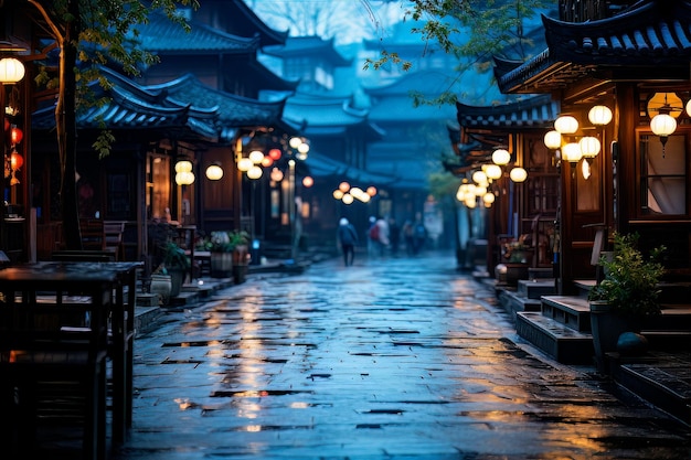 улица ночью ночное фото скромный пригород китайка подвесные фонари дождь влажность