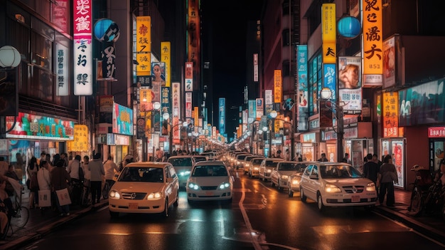 밤의 비는 시간대 거리 네온 표지판은 거리 사진으로 바쁜 사람들을 도시를 조명합니다.