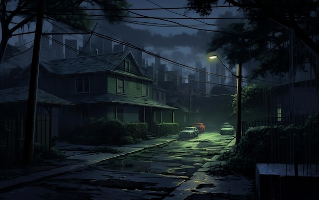 A street at night with a car parked on the side of the road AI