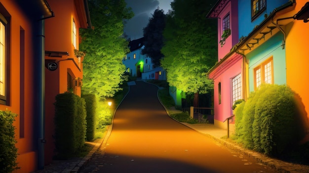 A street at night with a colorful house and a street light.