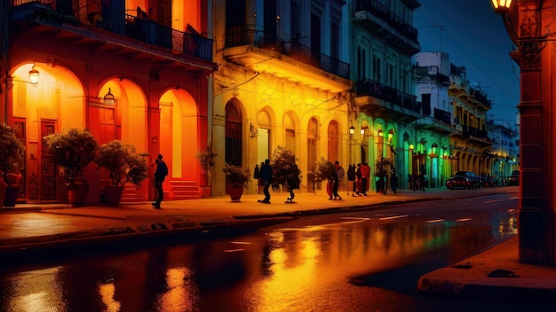 A street at night with colorful lights and people walking in front of it.