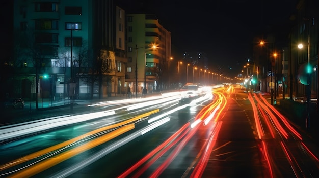 A street at night with lights on.