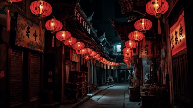 A street in the night with red lanterns hanging from the ceiling