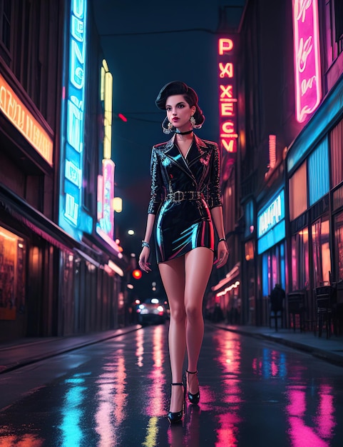 Street at night with retro style neon signs with model on an outdoor walkway