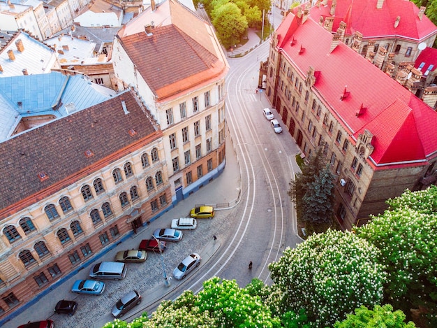 street of old european city on sunset aerial view