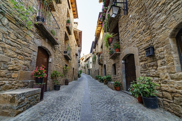 Street of an old medieval town with stone houses and cobbled floors, street lamps and an atmosphere of bygone times. Ainsa, Spain.
