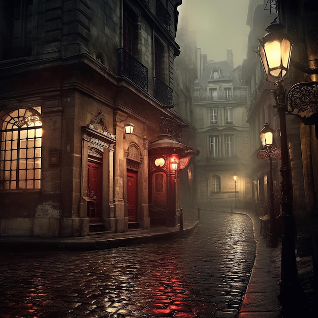 Street in old Paris on the moody evening, created with generative AI