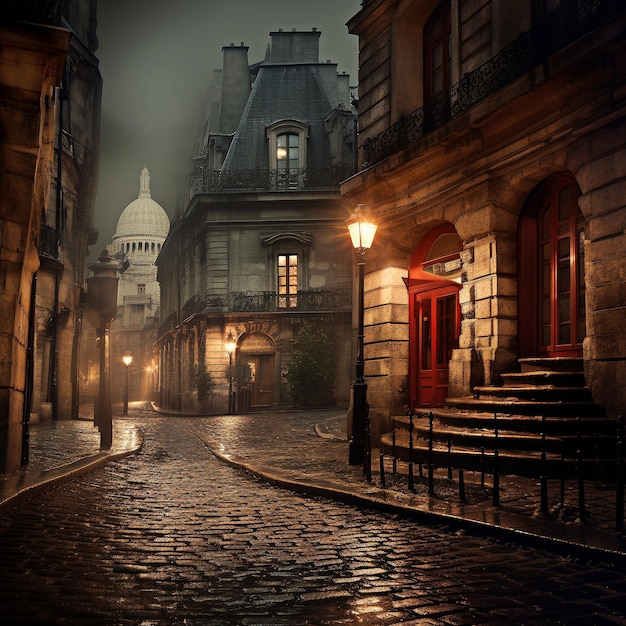 Street in old Paris on the moody evening, created with generative AI