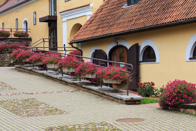 street in the old town with flowers