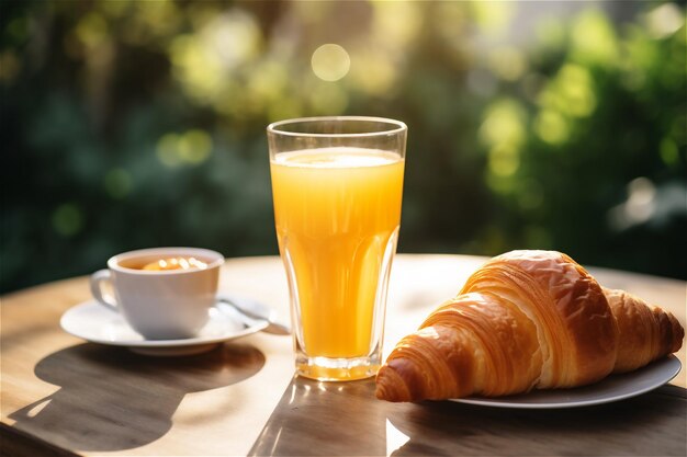 Street outdoor cafe cup of coffee orange juice croissant Breakfast out