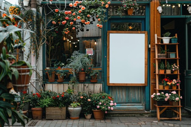 Photo street outdoor flower shop with blank pillboard