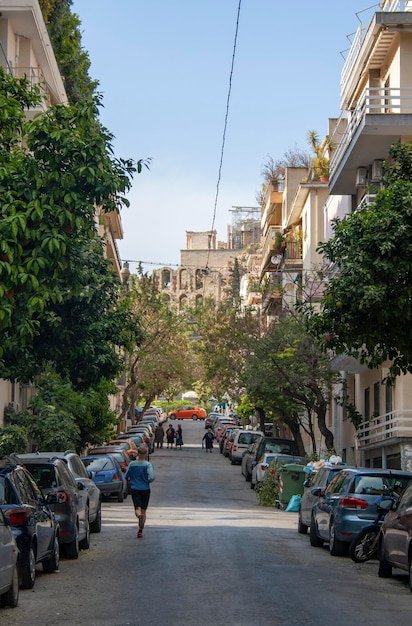 Street overlooking the Acropolis from the center of Athens Greece