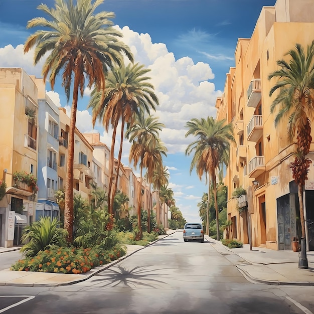 Street Painting with Palm Trees and Buildings