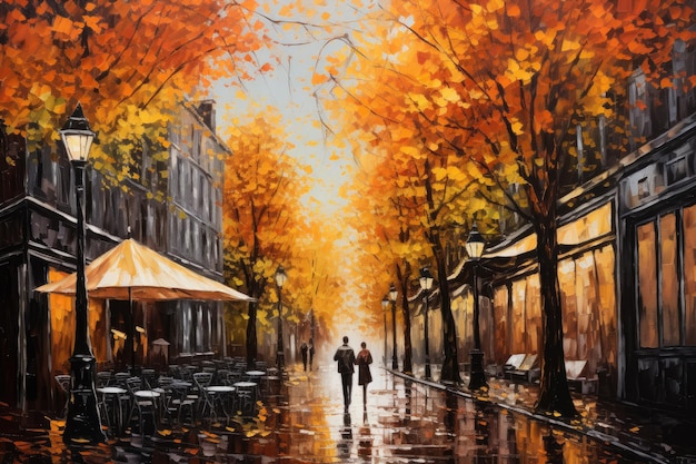 Street in Paris France Digital painting of an autumn cityscape A painting of a Paris street in autumn with a man walking under the trees and lanterns AI Generated