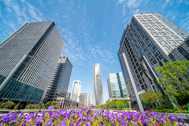 Street parks and modern buildings