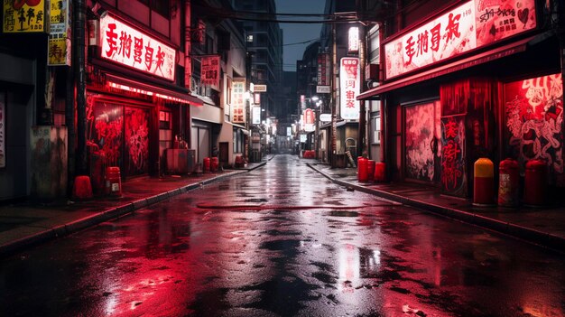 Street photograph magenta kanji graffiti under blacklight in cyberpunk tokyo city Generative AI