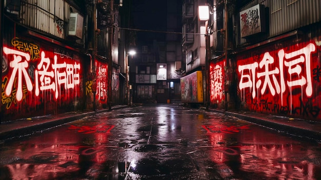 Фото Уличная фотография граффити магента-канджи под черным светом в киберпанк-городе токио генеративный ии