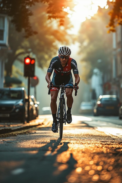 Street photography of a courier riding the bicycle in a big city