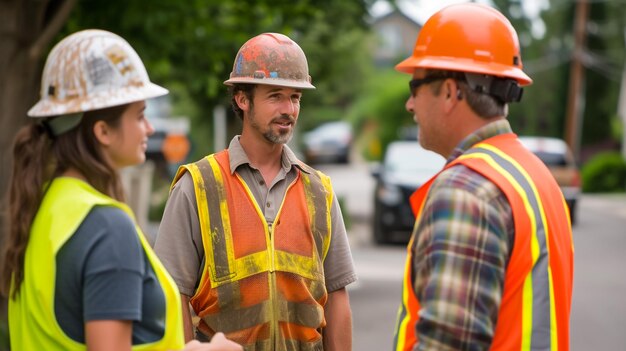 A street photography style photo of a male and female construction