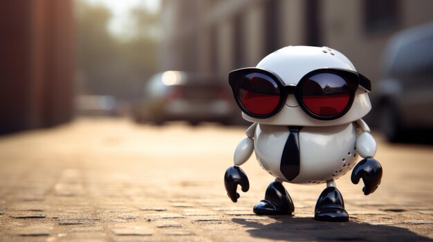 Photo street photography vibes adorable toy robot in sunglasses
