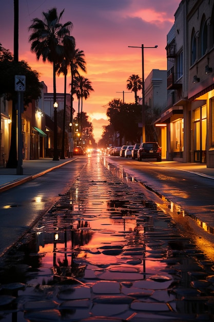 street in a pink light sunset Cinematic Photoshoot AI generative