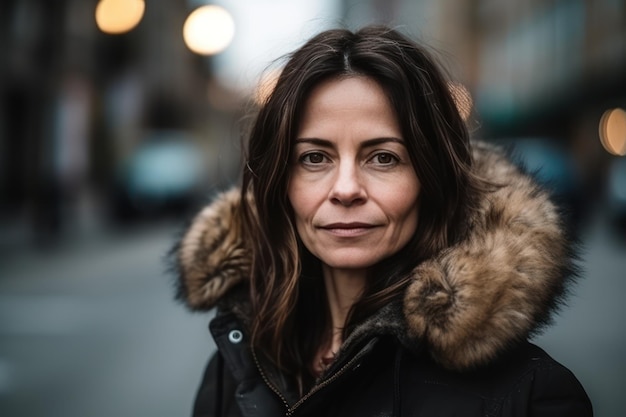 Street portrait of a beautiful dark haired woman 40 45 years old in a jacket with a fur hood on a blurry urban background