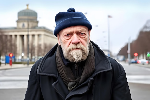 Street portrait of an elderly man on a blurry background of a street and a crowd of people in a