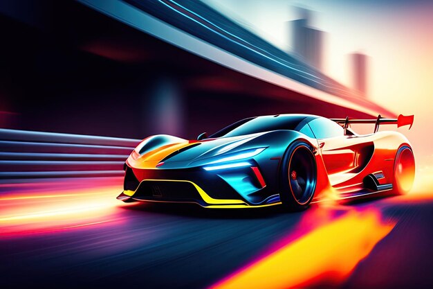 Street racing of the future Futuristic sports car in motion