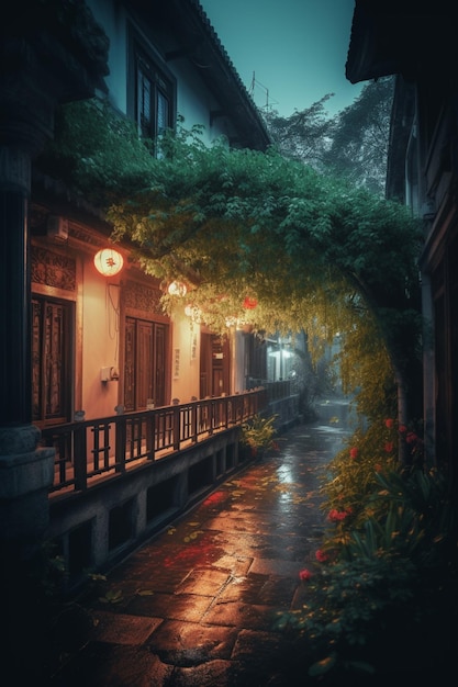 A street in the rain with a lantern hanging over it.