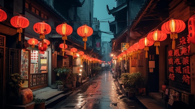 A street in the rain with red lanterns hanging from the ceiling