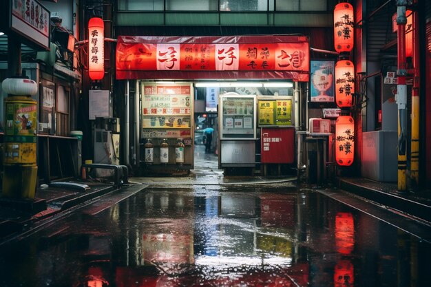 A street in the rain with a red sign that says'sushi '